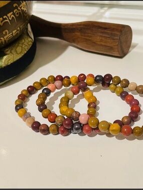 Multi-Color Natural Jasper Stone Bead Stretch Bracelet Set - Yellow, Red & Pink